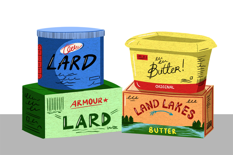 An image depicting some variations of lard and butter with similar packaging